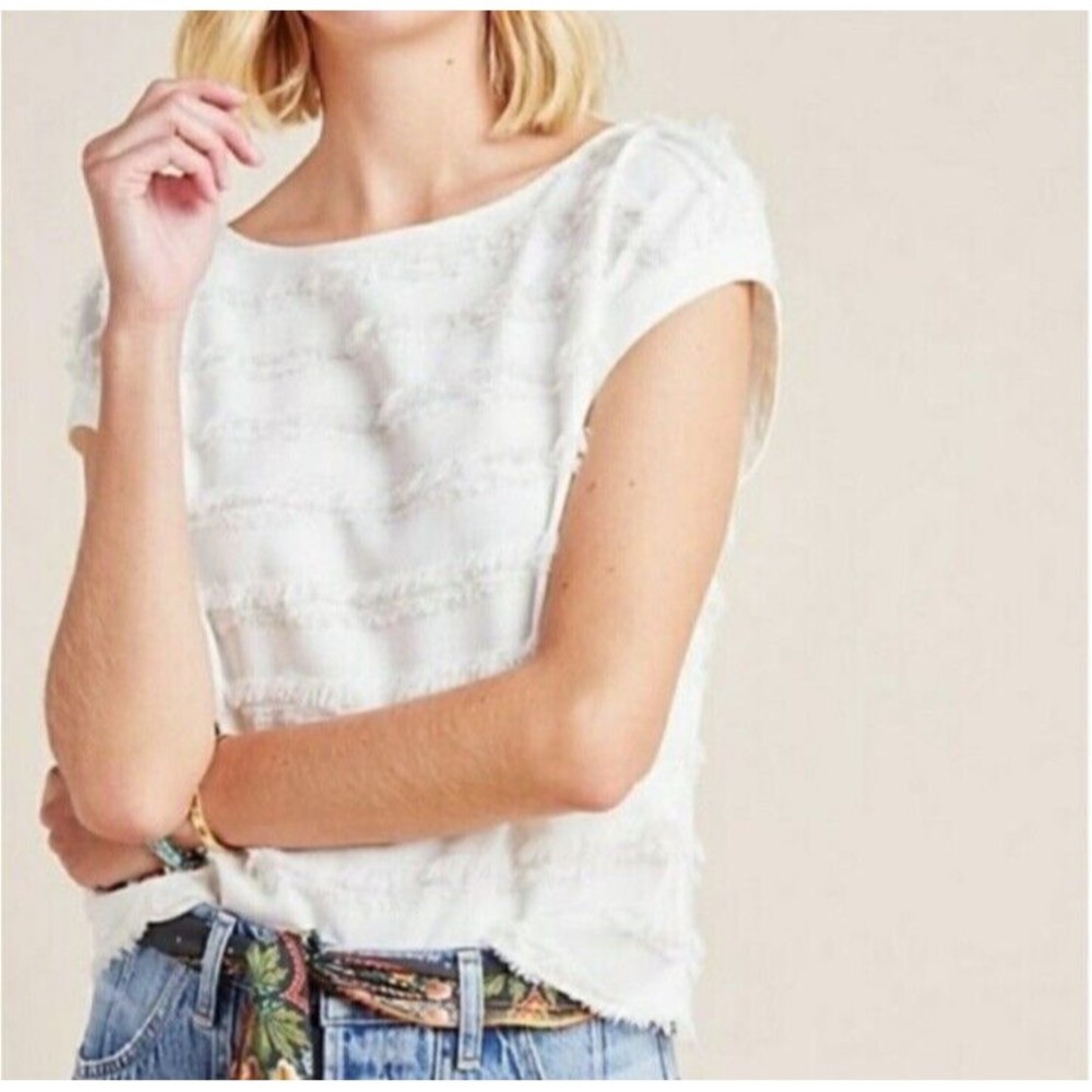 NWT Maeve Anthropologie White Fringe Top 18 Womens Short Sleeve Prairie Boho